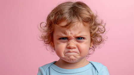 A young child frowns deeply, expressing frustration and innocence.の素材