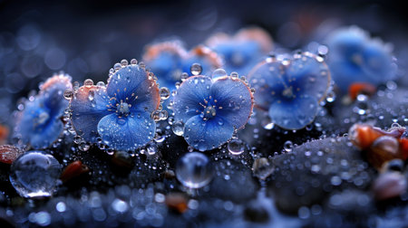 Blue blossoms glisten with raindrops on smooth, dark pebbles at dawn.の素材