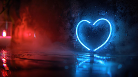 A glowing heart radiates warmth in a misty, colorful urban setting.の素材