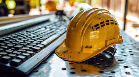 A yellow hard hat rests beside a keyboard on a polished metal surface.の素材