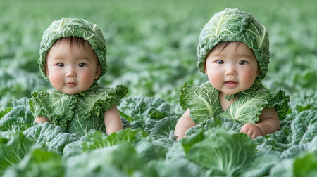 Two charming babies dressed in leafy cabbage costumes explore a vibrant field.の素材