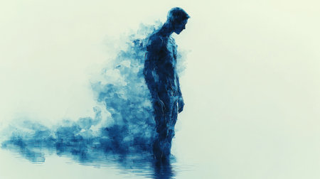 A person stands quietly, surrounded by ethereal blue mist, evoking deep reflection.の素材