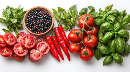Fresh tomatoes, red peppers, and basil are artistically arranged with berries.の素材
