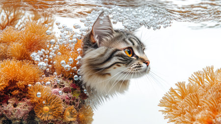 A cat's head breaks the surface, surrounded by bubbles and radiant coral formations.の素材