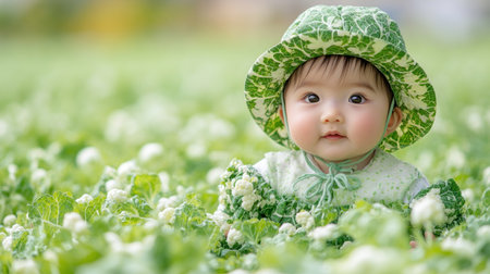 A playful baby wearing a leafy hat sits among lush greenery, exploring their surroundings.の素材
