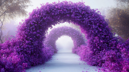 A stunning pathway of vibrant purple flowers leads to a serene dreamscape.の素材