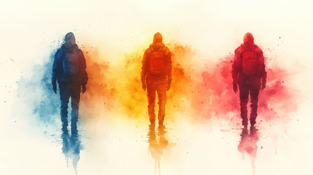 Silhouetted figures of adventurers emerge from vivid hues of color and mist.の素材