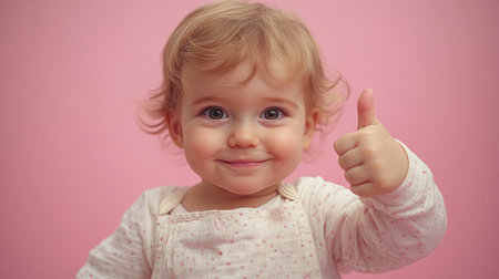 A cheerful young child smiles broadly while showing a thumbs-up gesture.の素材