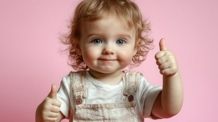 A cheerful child with curly hair smiles widely while showing thumbs-up signs.の素材