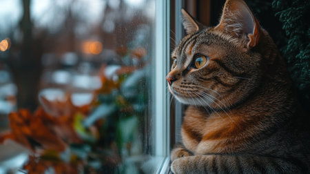 A feline companion watches the world outside, lost in thought as dusk settles in.の素材