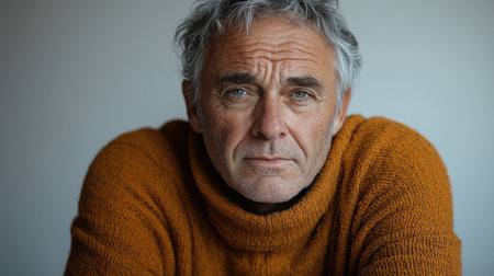 A man with gray hair reflects deeply, wearing a cozy orange sweater in soft lighting.の素材