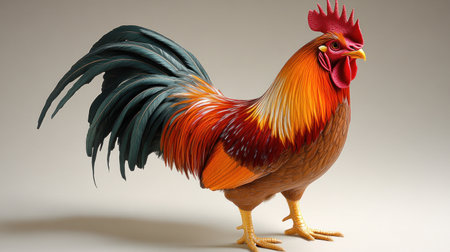 This striking rooster showcases brilliantly colored feathers and an impressive stance.の素材