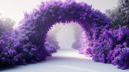 A stunning purple flower arch greets the dawn in a peaceful garden.の素材