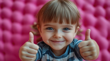 A happy child smiles widely while showing thumbs up, radiating pure joy and excitement.の素材