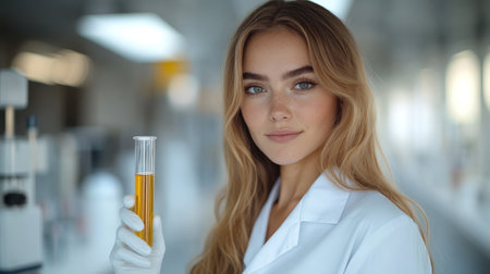 A confident scientist smiles while holding a test tube with bright yellow liquid in a lab.の素材