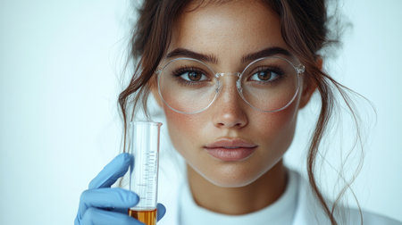 A focused researcher examines a test tube filled with a vibrant liquid.の素材