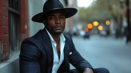 A fashionable gentleman rests against the wall, showcasing urban elegance in twilight.の素材