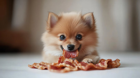 A fluffy Pomeranian pup happily munches on delicious bacon treats, radiating joy.の素材