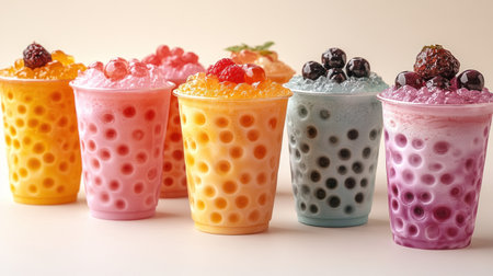 Delightful assortment of bubble tea with colorful tapioca pearls on display.の素材