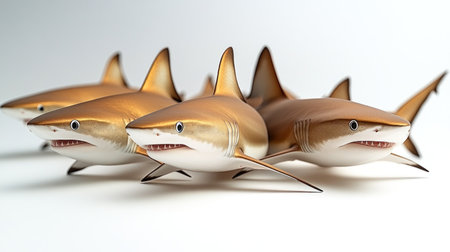 Decorative shark figures brighten up a minimalist setting, celebrating creativity and fun.の素材