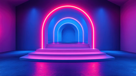 Neon arches cast colorful reflections in a contemporary gallery space, creating intrigue.の素材