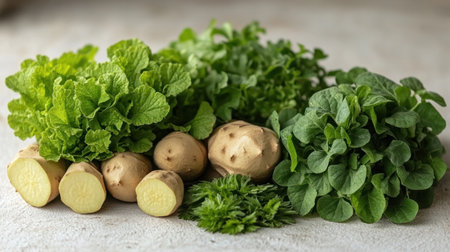 Vibrant green herbs and freshly cut potatoes create a natural culinary display.の素材