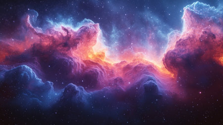 Brilliant hues of purple and orange dance among ethereal clouds in deep space.の素材