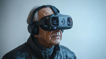 A senior man explores a virtual world with a headset, showcasing modern innovation.の素材