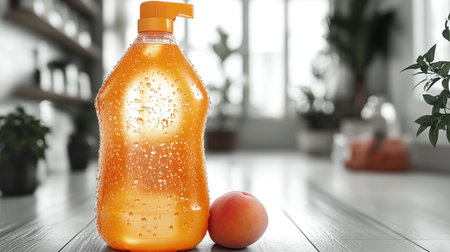 A bright orange drink and juicy peach reflect freshness in an inviting setting.の素材
