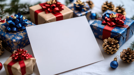 Surrounded by colorful gifts, a blank card awaits a personal holiday message.の素材