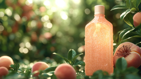 A translucent bottle sits beside ripe peaches in a lush orchard, glimmering in sunlight.の素材