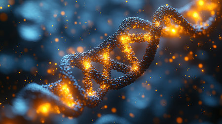 Intricate details of a glowing DNA helix glowing with golden sparks in the dark.の素材
