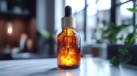 A dropper bottle filled with amber liquid sparkles softly in gentle sunlight.の素材