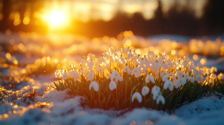 Delicate snowdrops emerge from the melting snow, glowing in the soft morning light.の素材