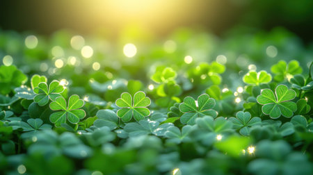 Morning sunlight filters through leaves, illuminating vibrant clovers on forest floor.の素材
