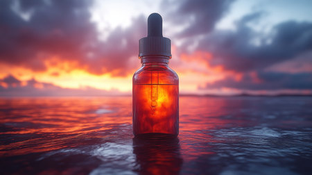 A glowing amber bottle stands in calm waters with a vibrant sunset backdrop.の素材