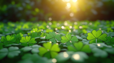 Sunlight filters through trees, revealing a vibrant clover field at dawn.の素材