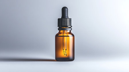 A sleek amber dropper bottle holds herbal liquid, showing modern design and simplicity.の素材