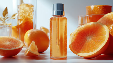 Delicious oranges and lush slices surround a glaming bottle of citrus essence.の素材
