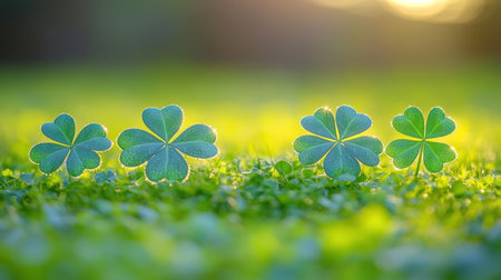 Clover thrives in golden sunlight, creating a tranquil springtime scene.の素材