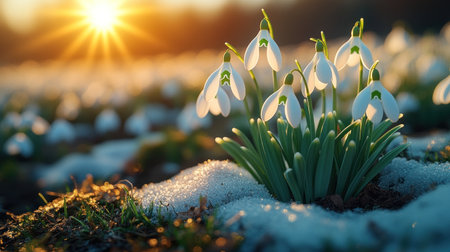Delicate white snowdrops emerge from snow as the sun rises, signaling spring's approach.の素材