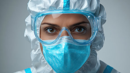 A healthcare worker in protective gear shows strength and commitment during tough times.の素材