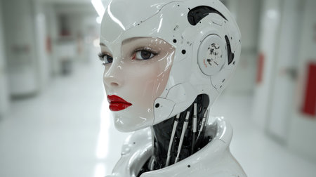 A striking humanoid robot exhibits elegant features in a sterile environment.の素材