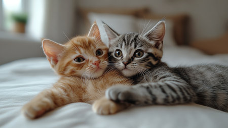 Two playful kittens snuggle together, enjoying a moment of warmth and affection.の素材