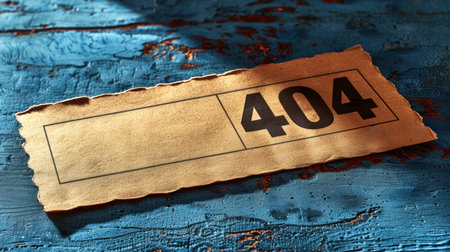 A weathered paper tag displaying the number 404 rests on a vibrant blue table.の素材