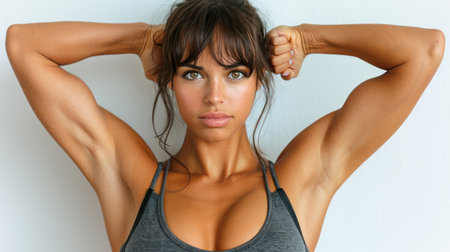 A confident individual showing strength and determination with flexed arms.の素材