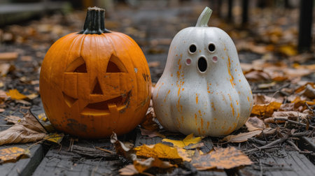 A playful pumpkin and a ghostly gourd sit among fallen autumn leaves.の素材