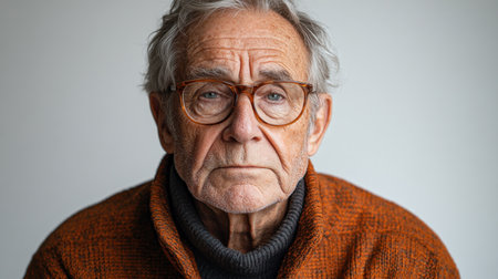 An elderly man wearing a warm sweater gazes thoughtfully with a wise expression.の素材