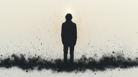 A lone individual is surrounded by dark wisps, bathed in soft light at sunrise.の素材