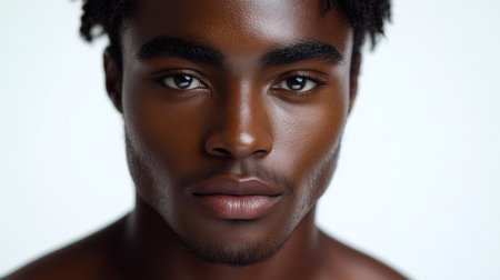A young man gazes intently, showing his smooth skin and captivating features.の素材